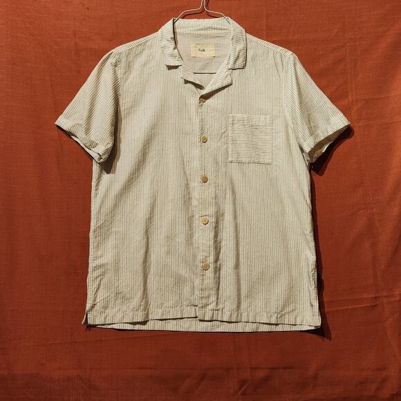 Folk Quiet Luxury Mens Sz 3/Large Button Up Short Sleeve Textured Striped Cotton - Picture 1 of 9